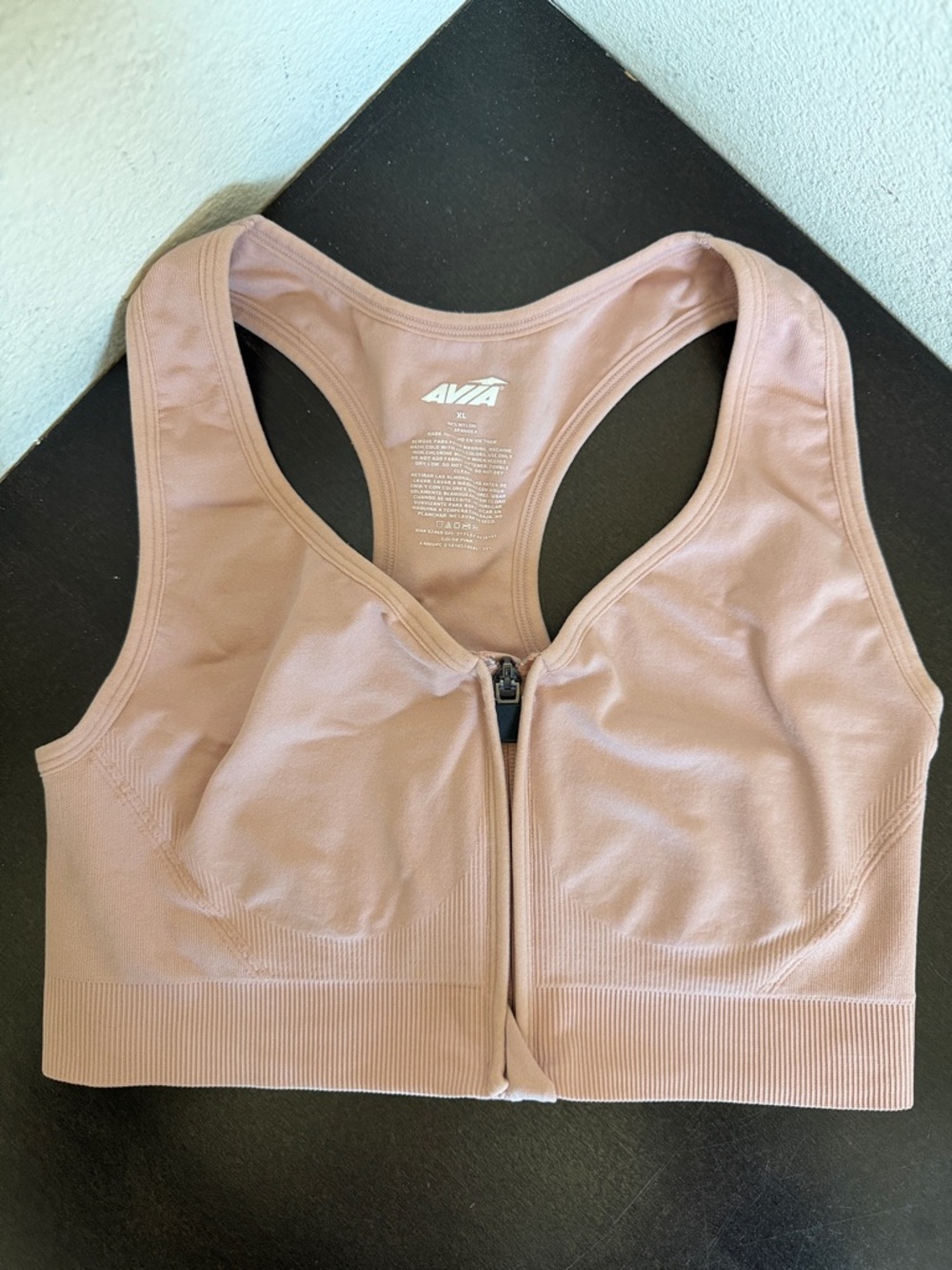 Avia Front-Zip Sports Bra in Dusty Pink.